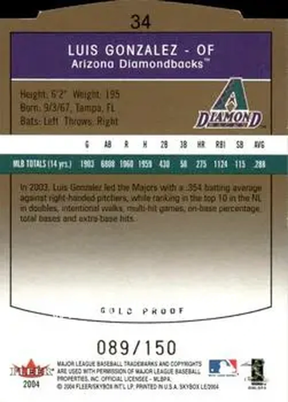 2004 SkyBox LE - Gold Proof #34 - Luis Gonzalez - Arizona Diamondbacks - Back