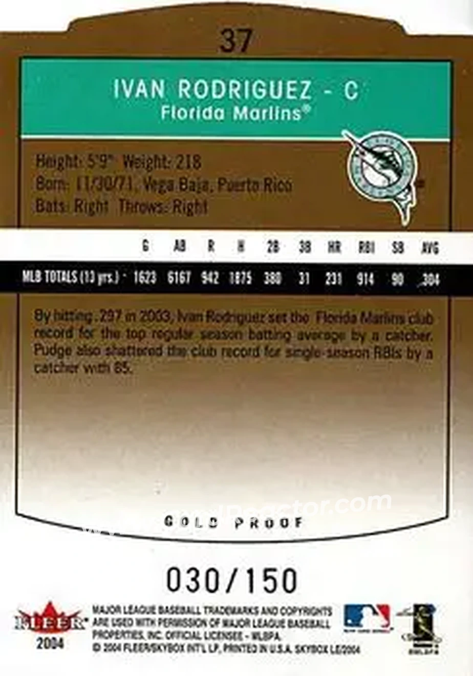2004 SkyBox LE - Gold Proof #37 - Ivan Rodriguez - Detroit Tigers - Back 2004 SkyBox LE - Gold Proof #37 - Ivan Rodriguez - Detroit Tigers - Back