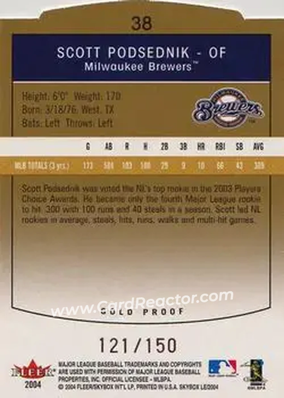 2004 SkyBox LE - Gold Proof #38 - Scott Podsednik - Milwaukee Brewers - Back 2004 SkyBox LE - Gold Proof #38 - Scott Podsednik - Milwaukee Brewers - Back
