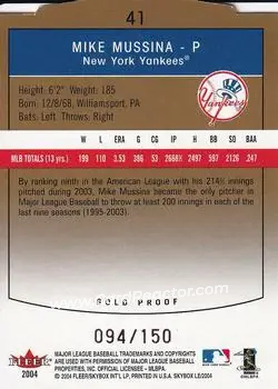 2004 SkyBox LE - Gold Proof #41 - Mike Mussina - New York Yankees - Back