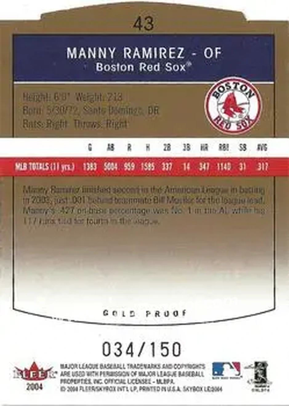 2004 SkyBox LE - Gold Proof #43 - Manny Ramirez - Boston Red Sox - Back