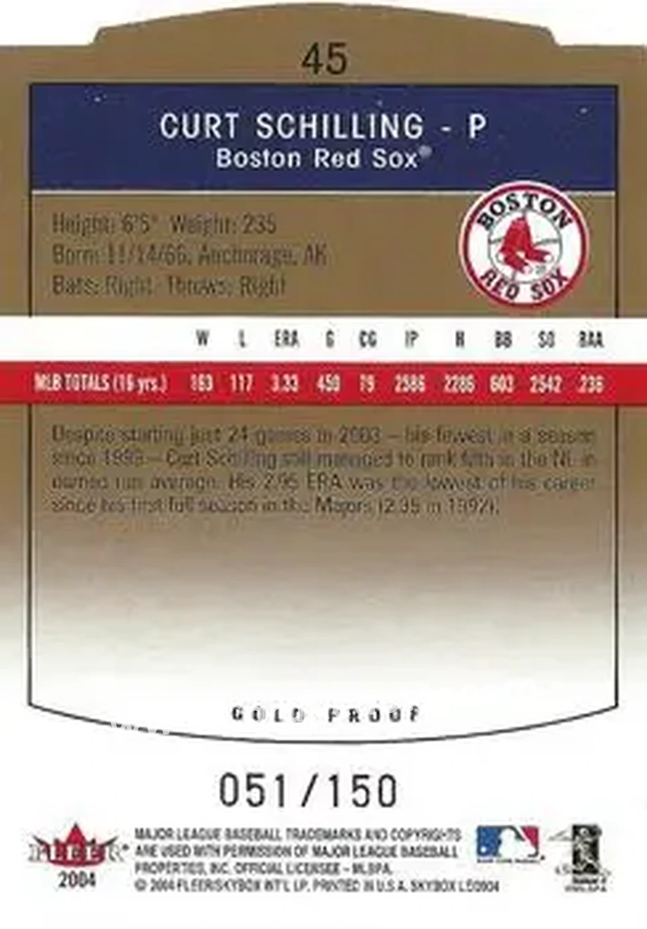 2004 SkyBox LE - Gold Proof #45 - Curt Schilling - Boston Red Sox - Back 2004 SkyBox LE - Gold Proof #45 - Curt Schilling - Boston Red Sox - Back