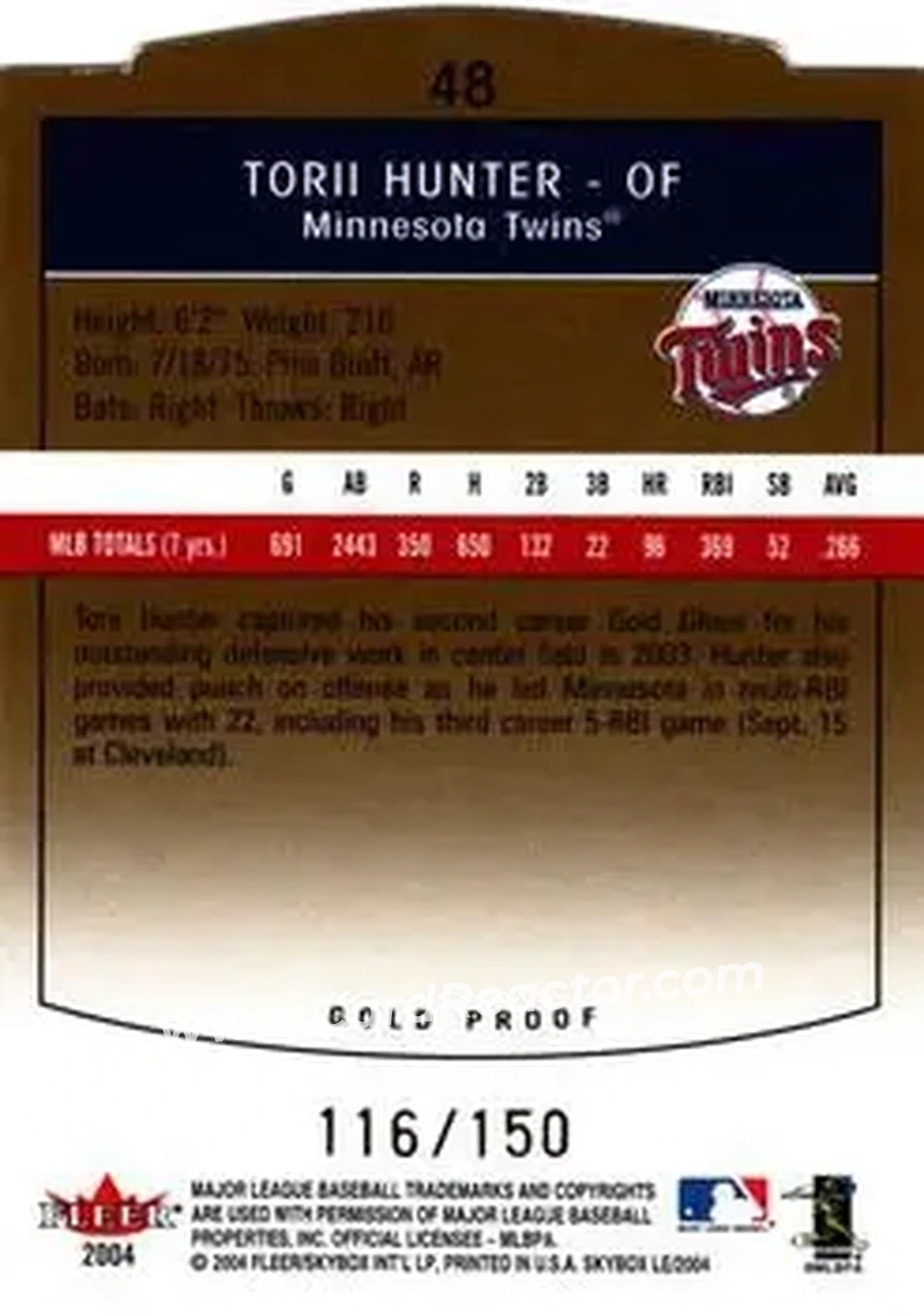 2004 SkyBox LE - Gold Proof #48 - Torii Hunter - Minnesota Twins - Back