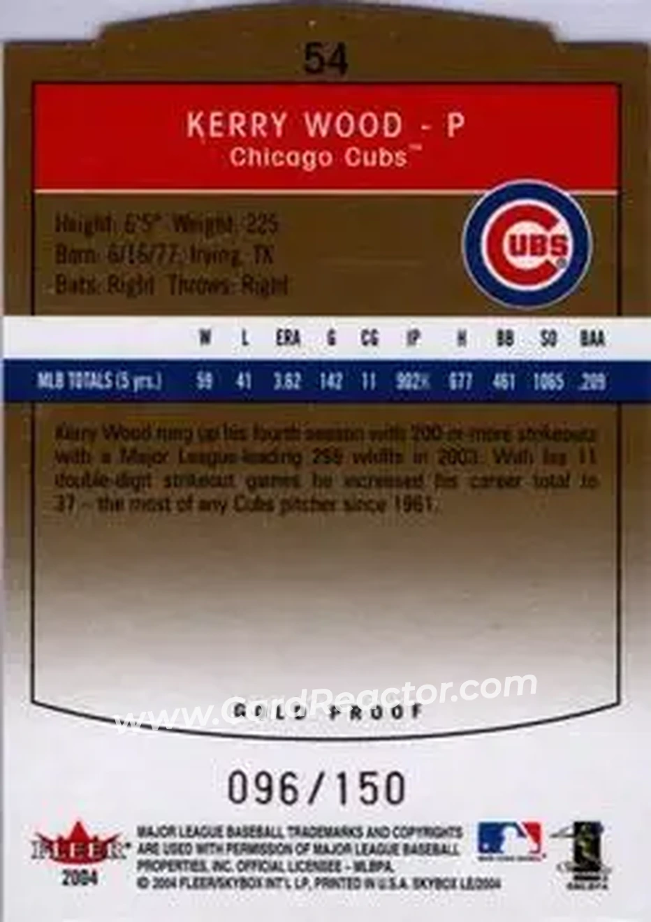 2004 SkyBox LE - Gold Proof #54 - Kerry Wood - Chicago Cubs - Back