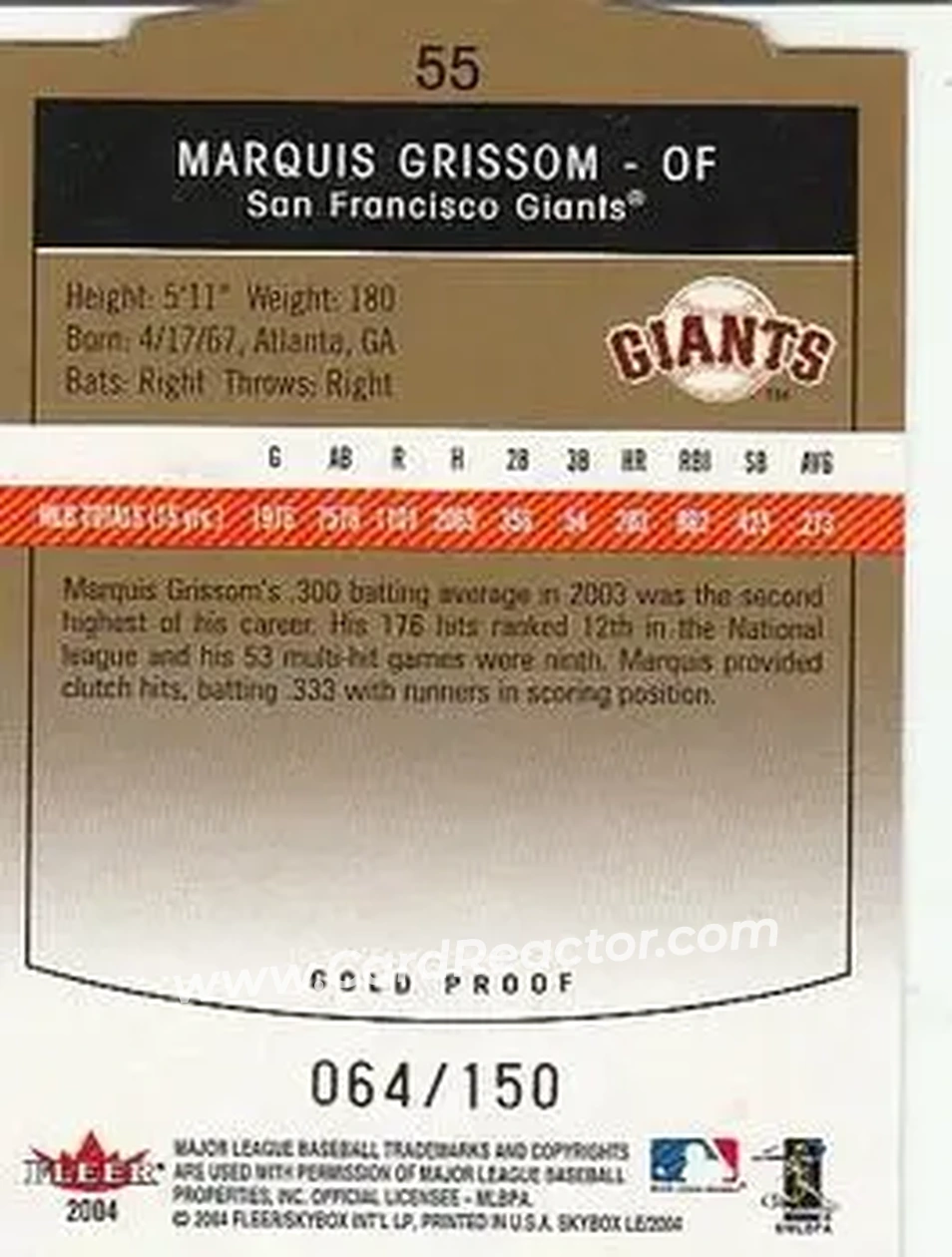 2004 SkyBox LE - Gold Proof #55 - Marquis Grissom - San Francisco Giants - Back