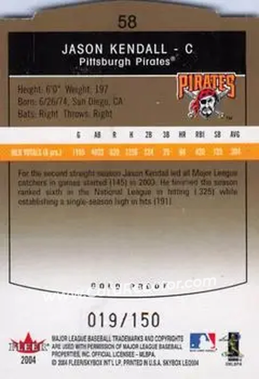2004 SkyBox LE - Gold Proof #58 - Jason Kendall - Pittsburgh Pirates - Back