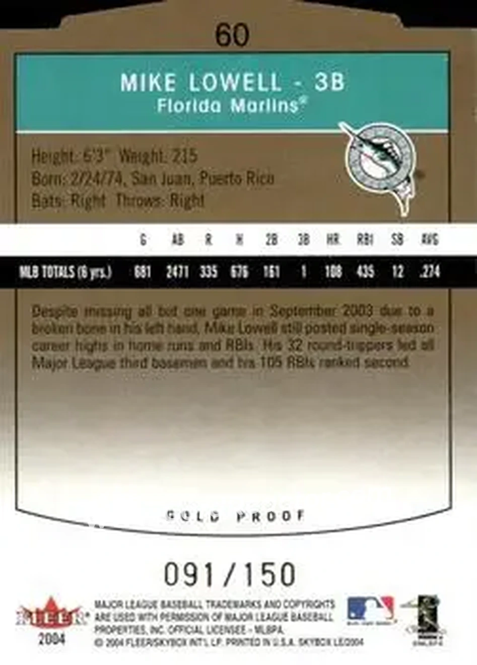 2004 SkyBox LE - Gold Proof #60 - Mike Lowell - Florida Marlins - Back