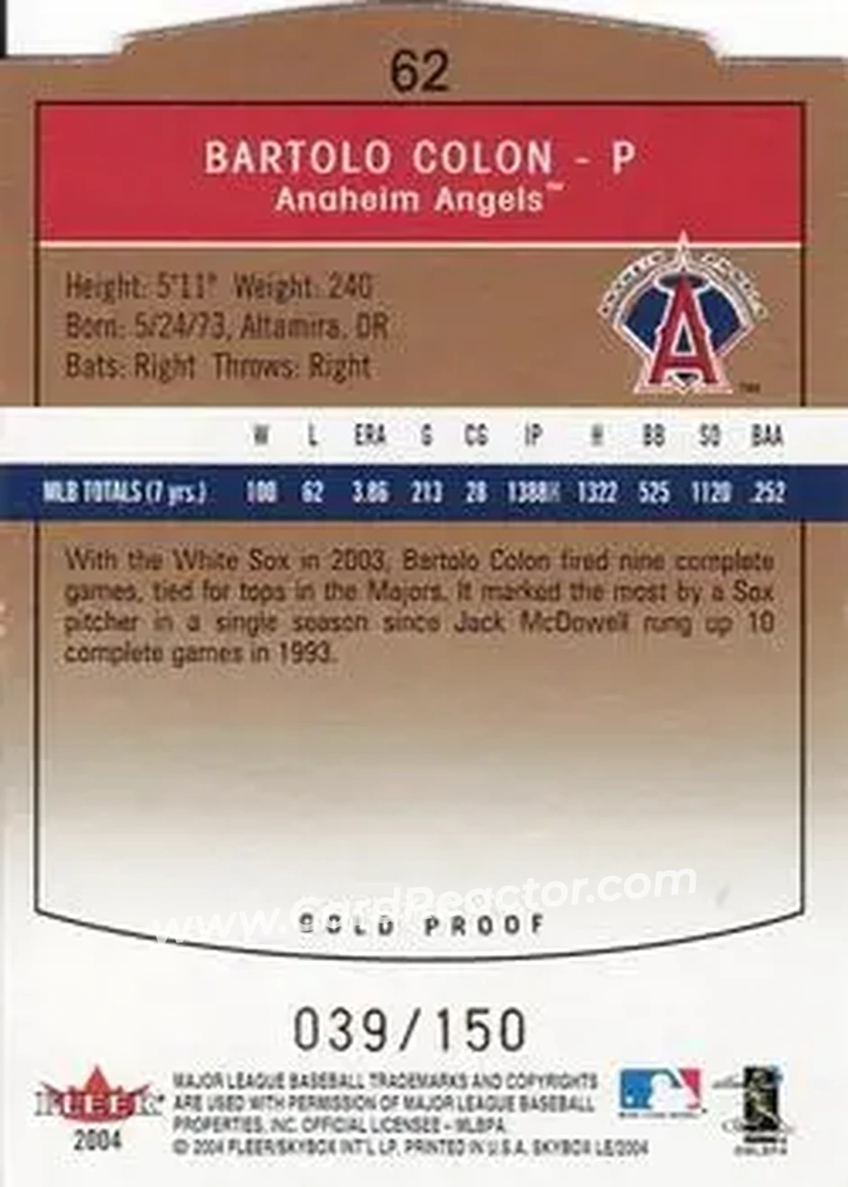 2004 SkyBox LE - Gold Proof #62 - Bartolo Colon - Anaheim Angels - Back