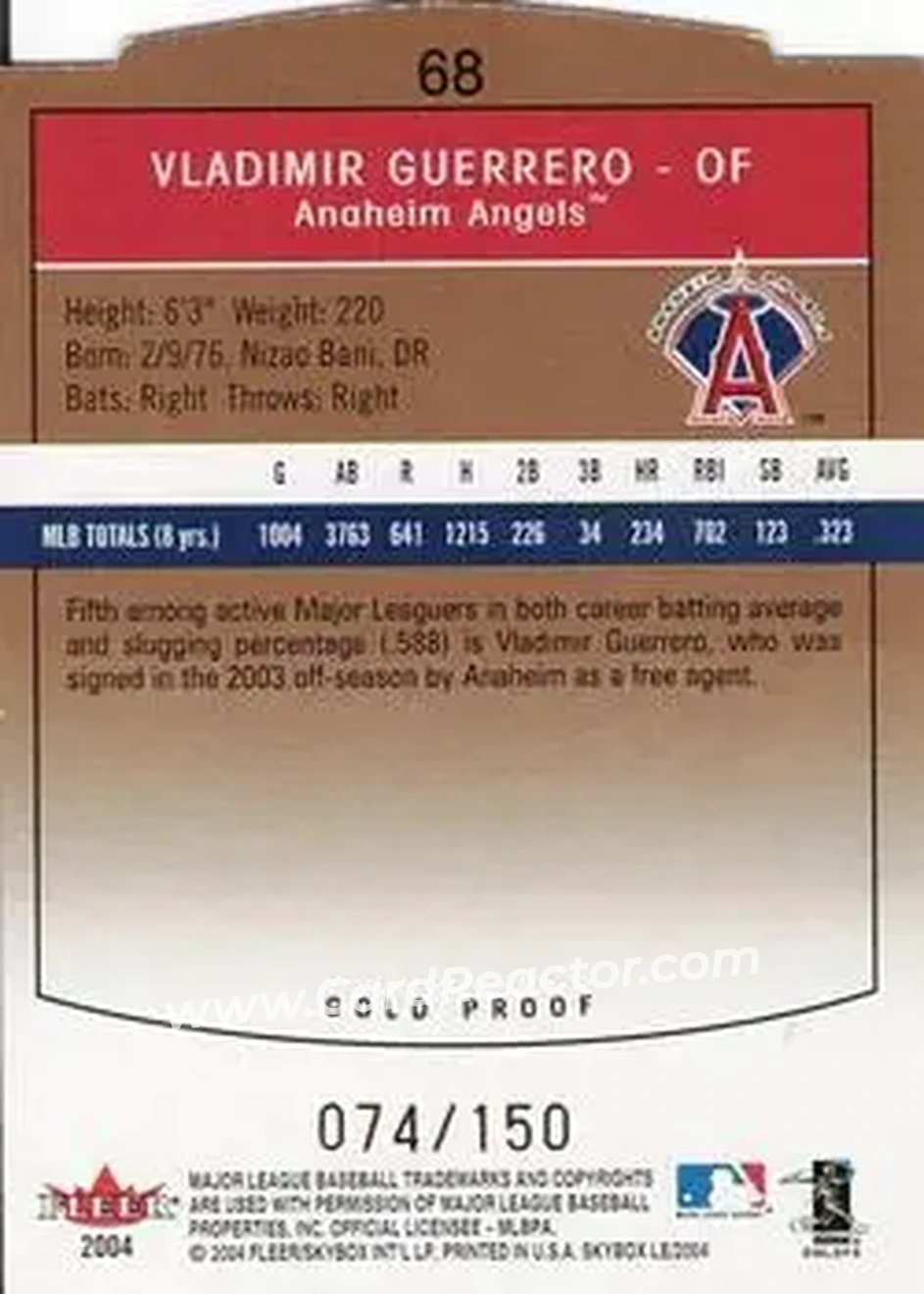 2004 SkyBox LE - Gold Proof #68 - Vladimir Guerrero - Anaheim Angels - Back