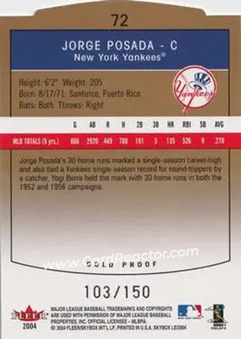 2004 SkyBox LE - Gold Proof #72 - Jorge Posada - New York Yankees - Back