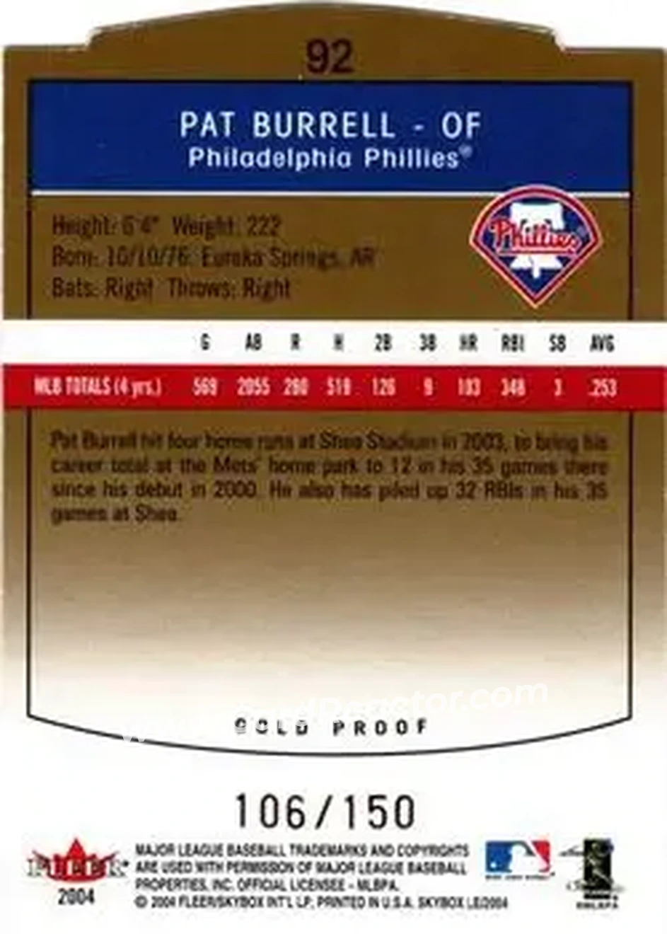 2004 SkyBox LE - Gold Proof #92 - Pat Burrell - Philadelphia Phillies - Back