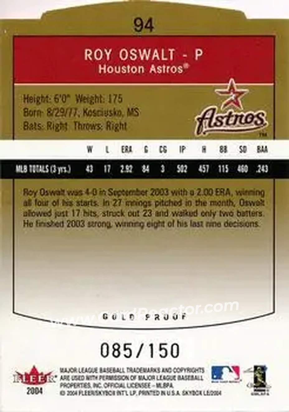2004 SkyBox LE - Gold Proof #94 - Roy Oswalt - Houston Astros - Back