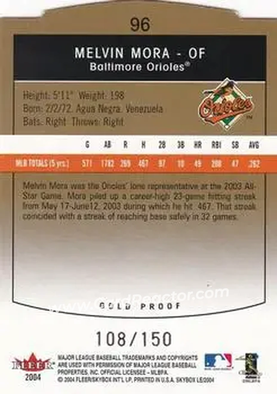 2004 SkyBox LE - Gold Proof #96 - Melvin Mora - Baltimore Orioles - Back 2004 SkyBox LE - Gold Proof #96 - Melvin Mora - Baltimore Orioles - Back