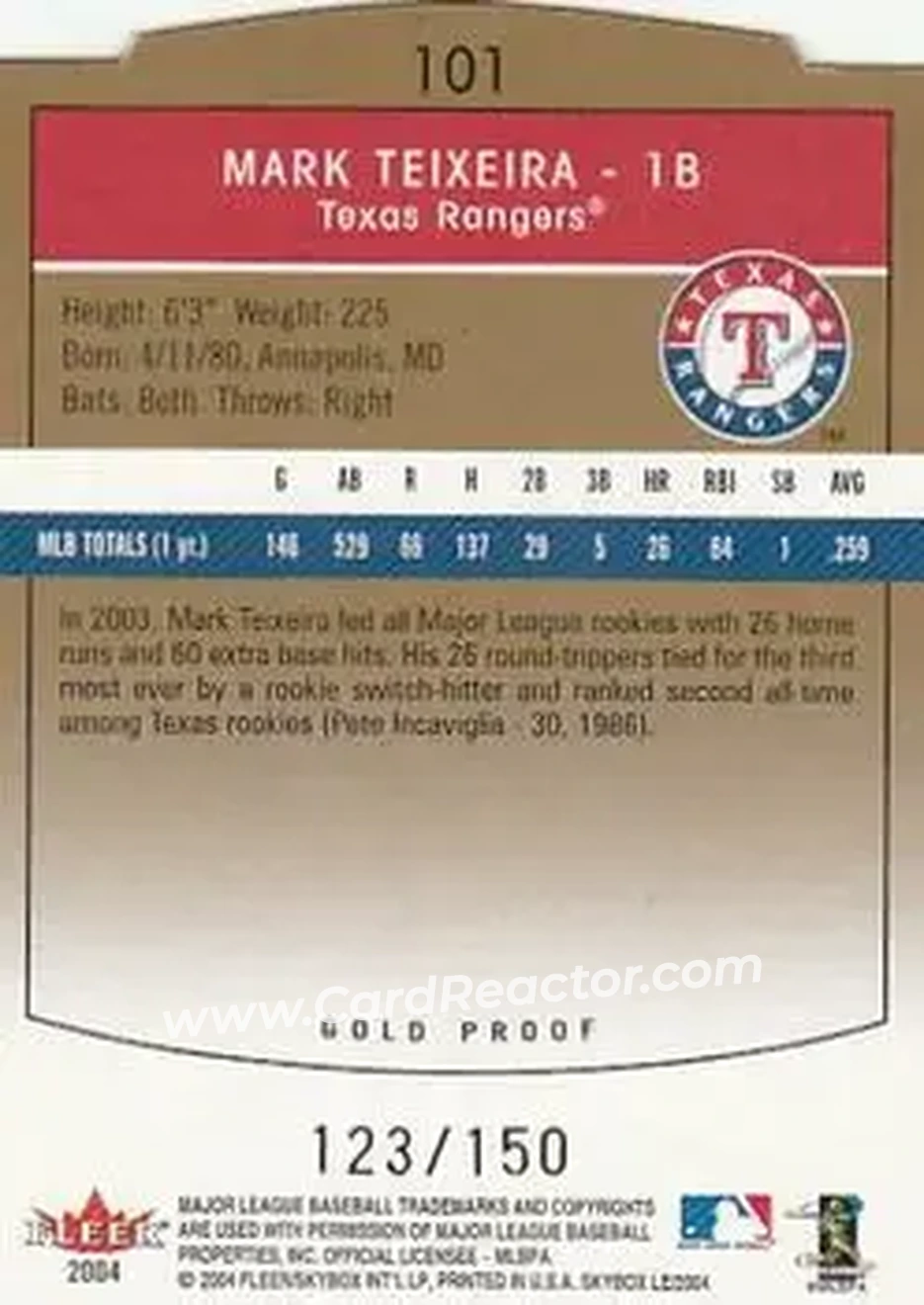 2004 SkyBox LE - Gold Proof #101 - Mark Teixeira - Texas Rangers - Back