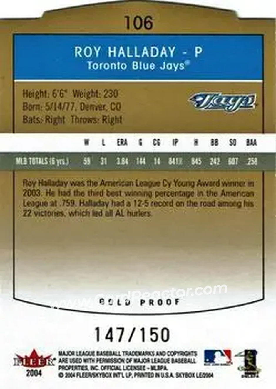 2004 SkyBox LE - Gold Proof #106 - Roy Halladay - Toronto Blue Jays - Back