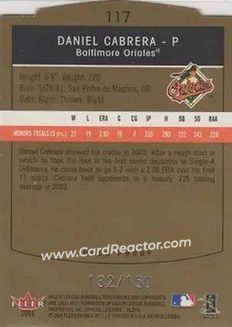 2004 SkyBox LE - Gold Proof #117 - Daniel Cabrera - Baltimore Orioles - Back