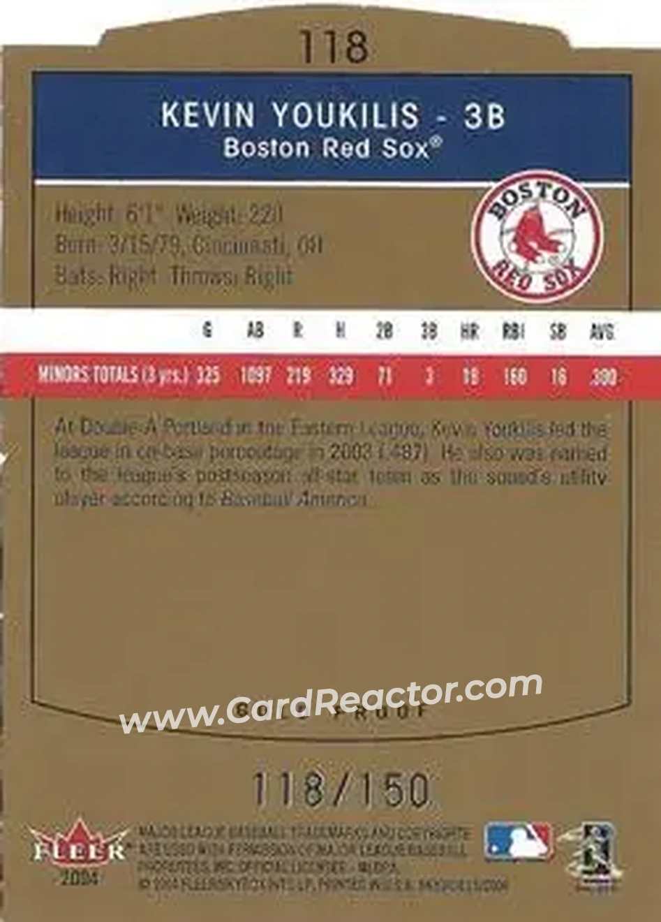 2004 SkyBox LE - Gold Proof #118 - Kevin Youkilis - Boston Red Sox - Back