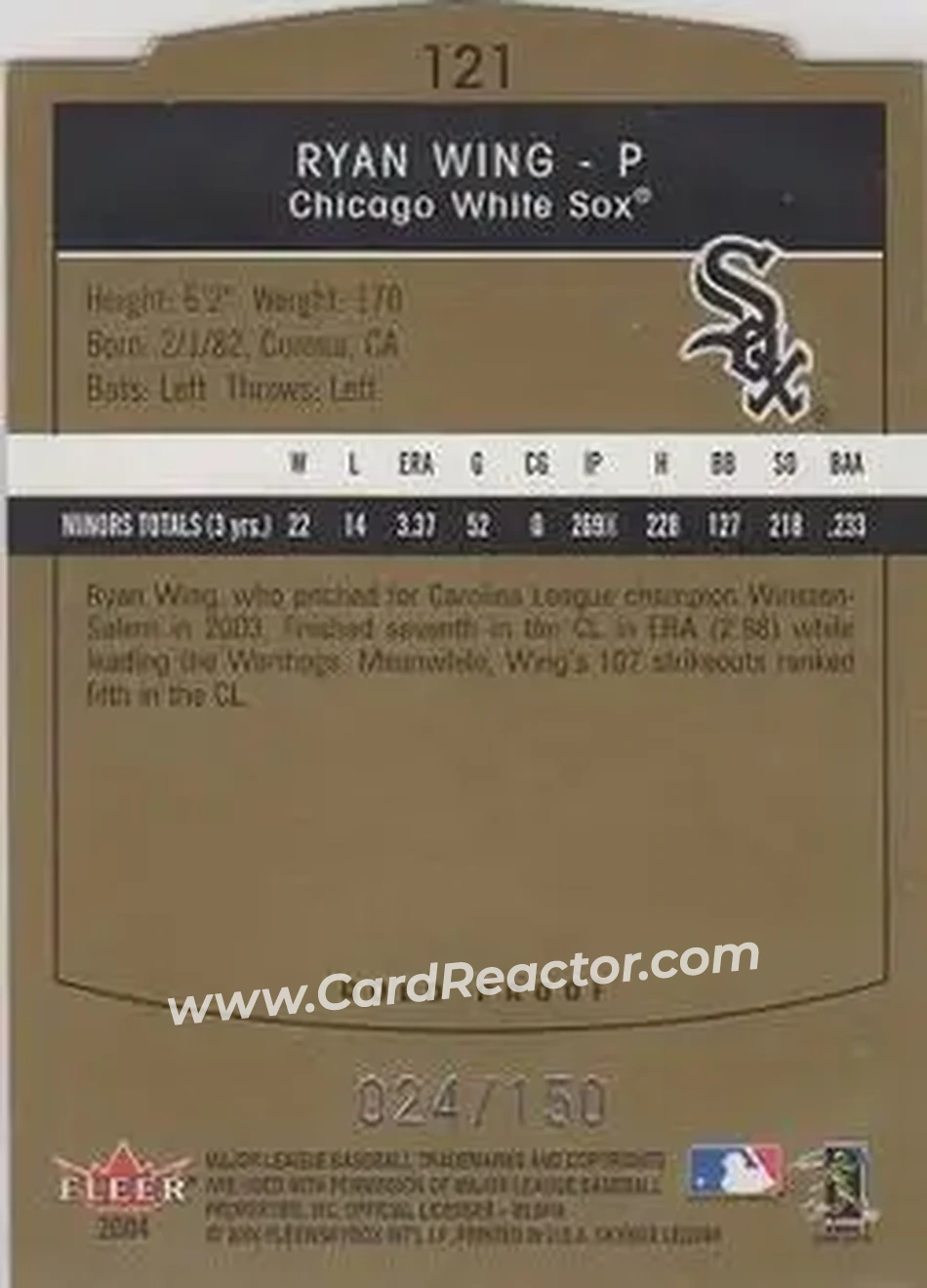 2004 SkyBox LE - Gold Proof #121 - Ryan Wing - Chicago White Sox - Back 2004 SkyBox LE - Gold Proof #121 - Ryan Wing - Chicago White Sox - Back