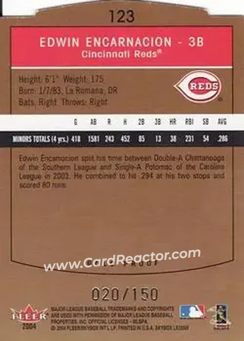 2004 SkyBox LE - Gold Proof #123 - Edwin Encarnacion - Cincinnati Reds - Back