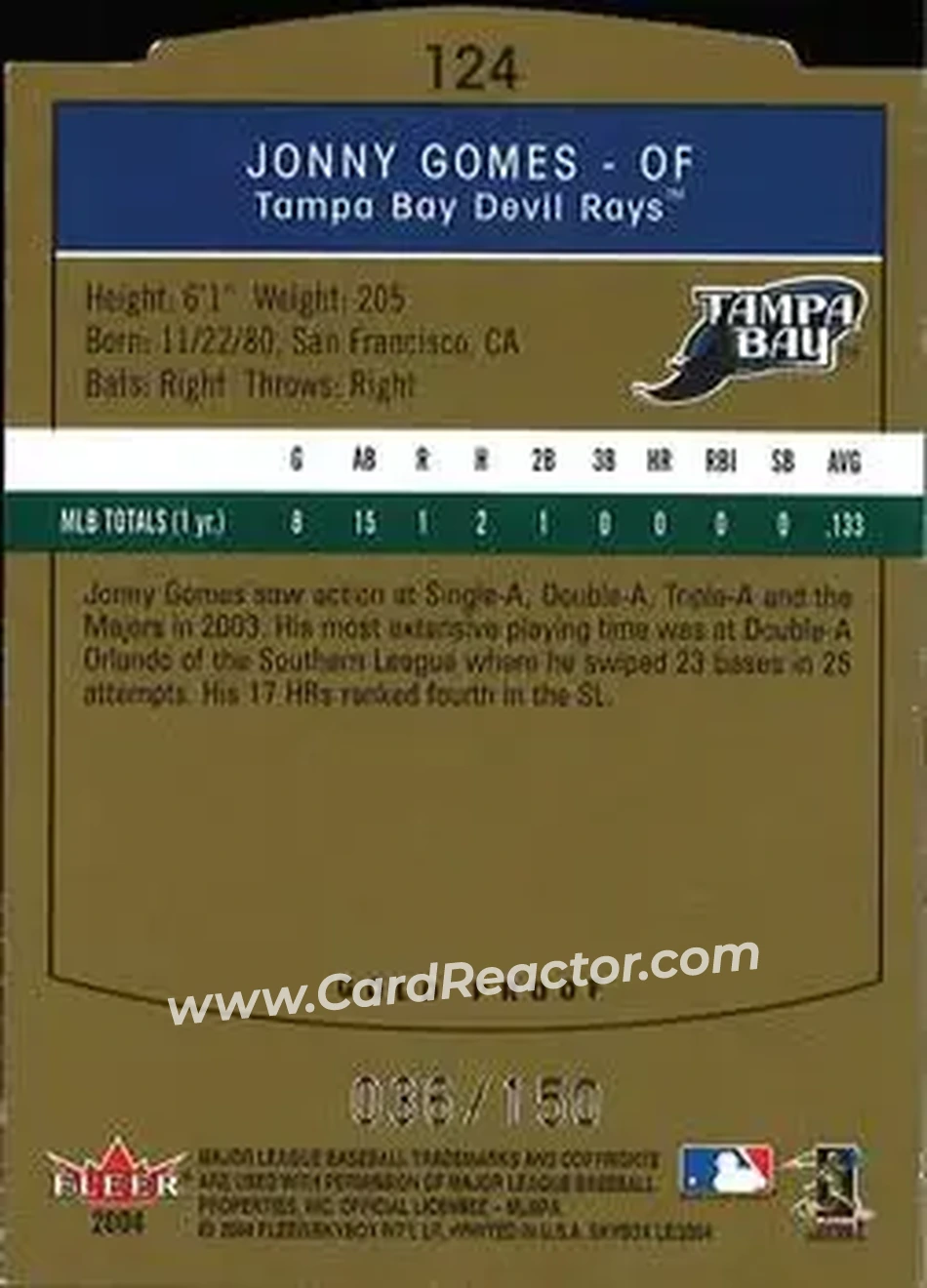 2004 SkyBox LE - Gold Proof #124 - Jonny Gomes - Tampa Bay Devil Rays - Back