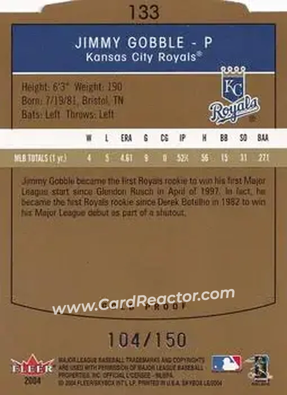 2004 SkyBox LE - Gold Proof #133 - Jimmy Gobble - Kansas City Royals - Back