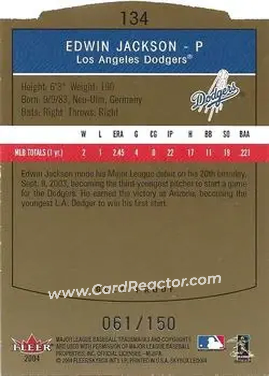 2004 SkyBox LE - Gold Proof #134 - Edwin Jackson - Los Angeles Dodgers - Back 2004 SkyBox LE - Gold Proof #134 - Edwin Jackson - Los Angeles Dodgers - Back