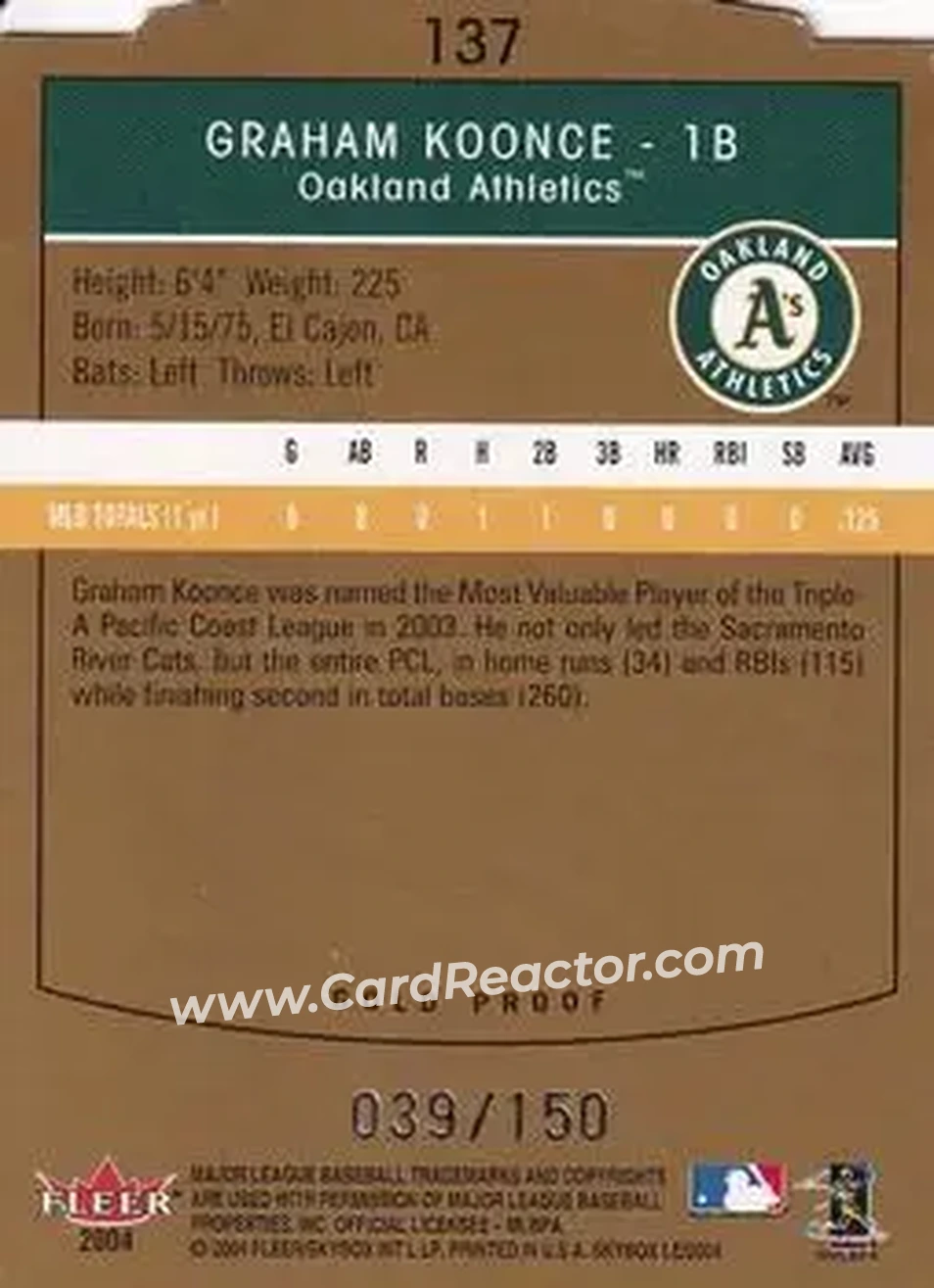 2004 SkyBox LE - Gold Proof #137 - Graham Koonce - Oakland Athletics - Back