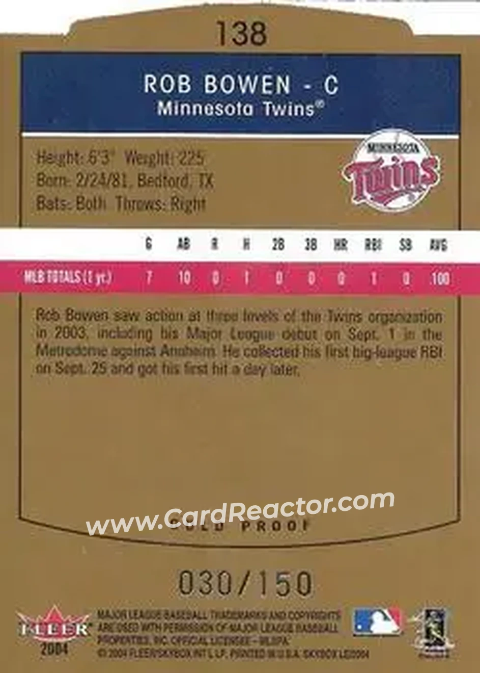 2004 SkyBox LE - Gold Proof #138 - Rob Bowen - Minnesota Twins - Back