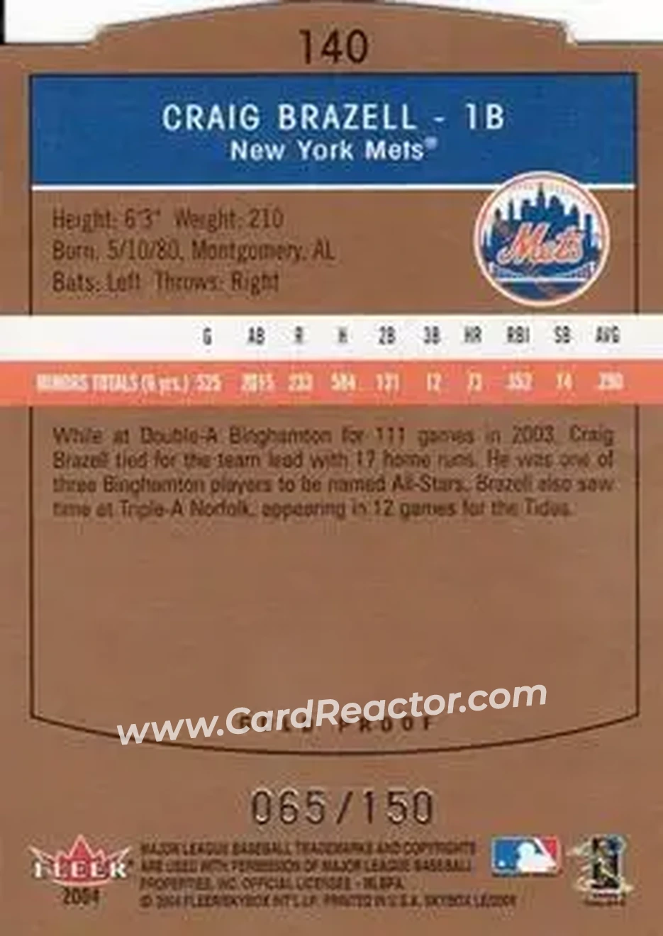2004 SkyBox LE - Gold Proof #140 - Craig Brazell - New York Mets - Back