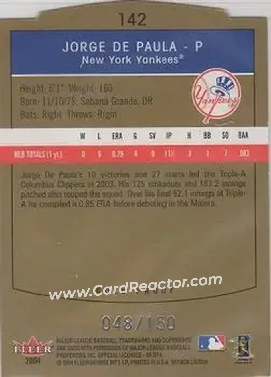 2004 SkyBox LE - Gold Proof #142 - Jorge DePaula - New York Yankees - Back