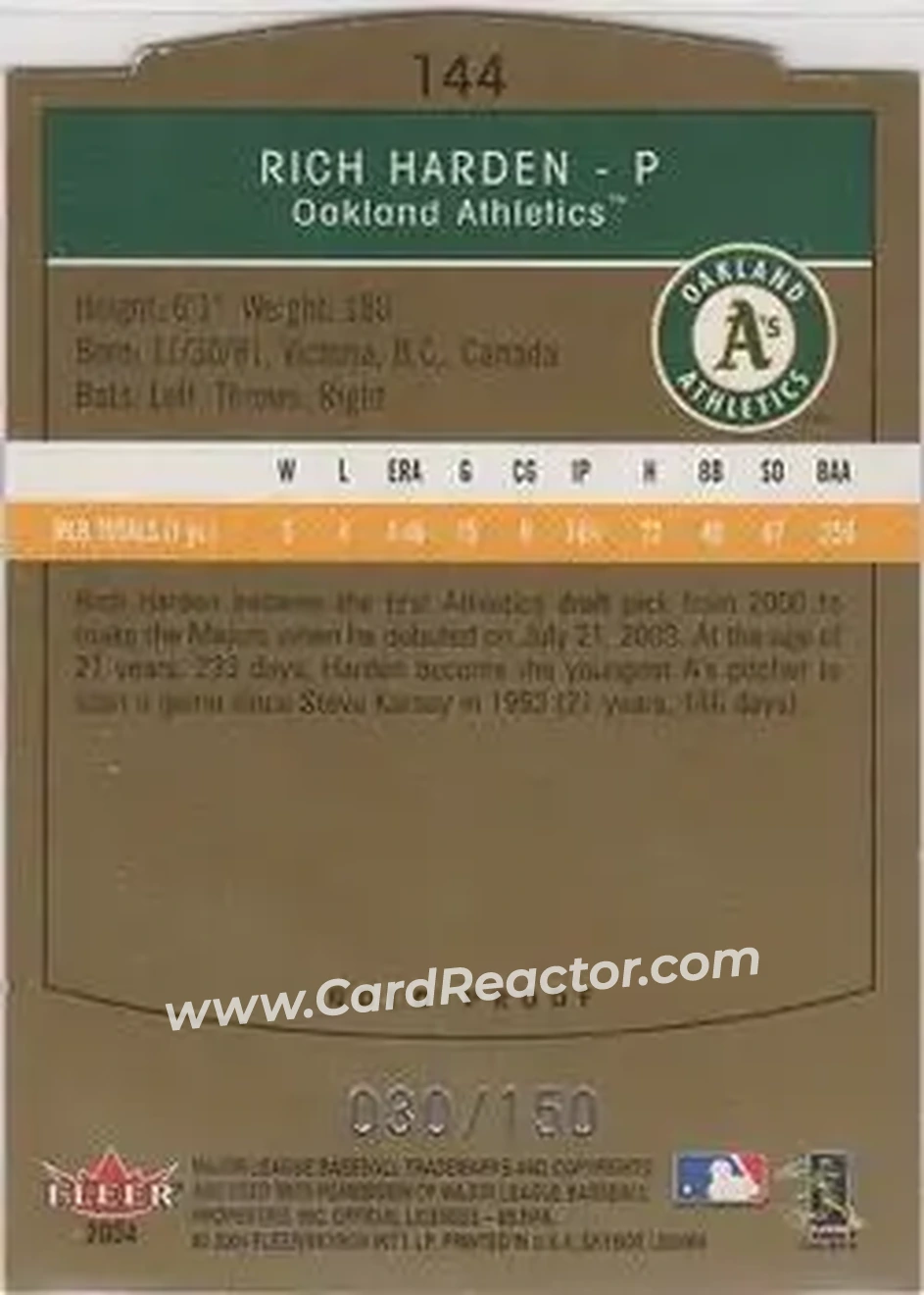 2004 SkyBox LE - Gold Proof #144 - Rich Harden - Oakland Athletics - Back
