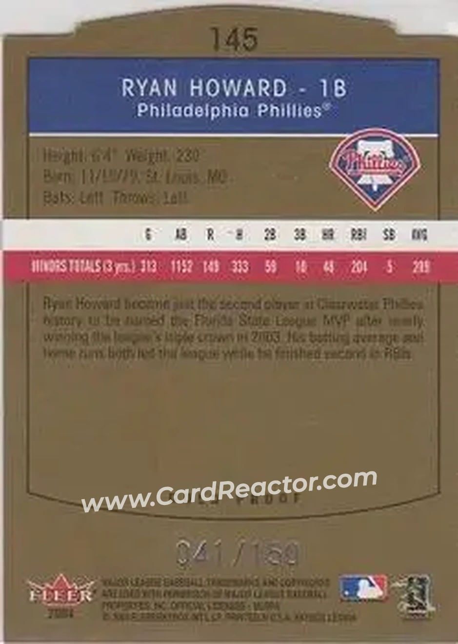 2004 SkyBox LE - Gold Proof #145 - Ryan Howard - Philadelphia Phillies - Back