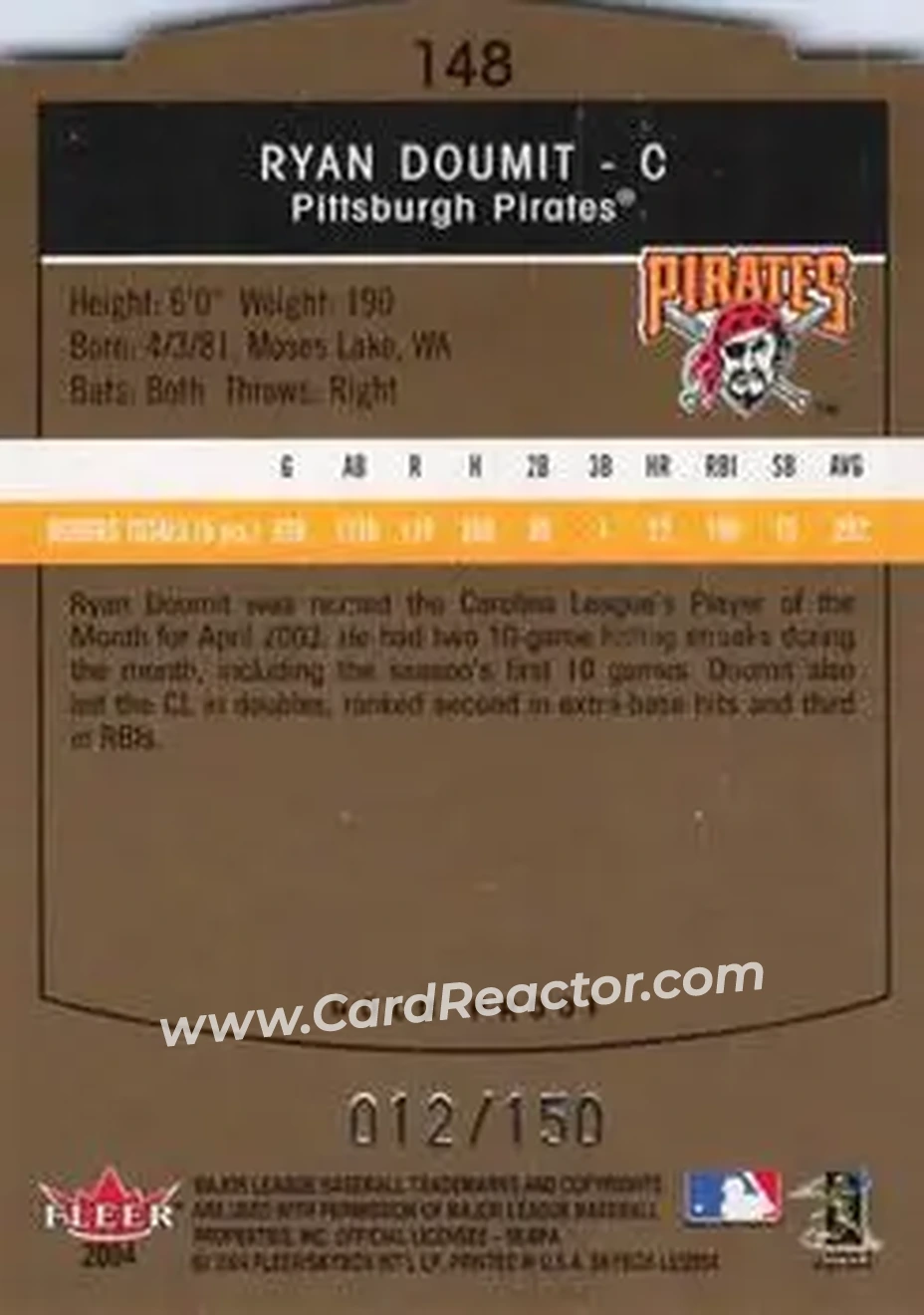 2004 SkyBox LE - Gold Proof #148 - Ryan Doumit - Pittsburgh Pirates - Back