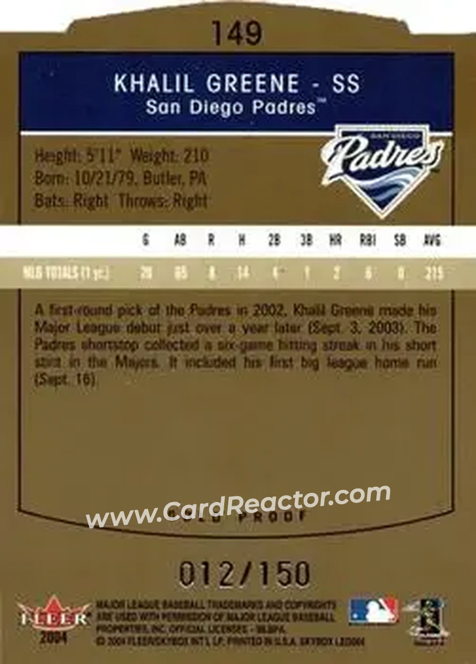 2004 SkyBox LE - Gold Proof #149 - Khalil Greene - San Diego Padres - Back