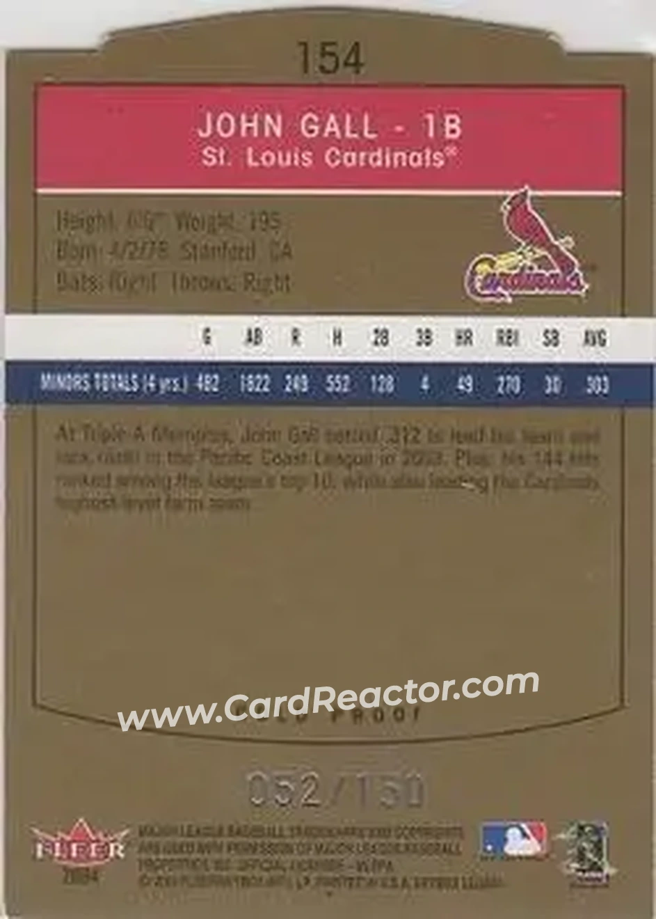 2004 SkyBox LE - Gold Proof #154 - John Gall - St. Louis Cardinals - Back