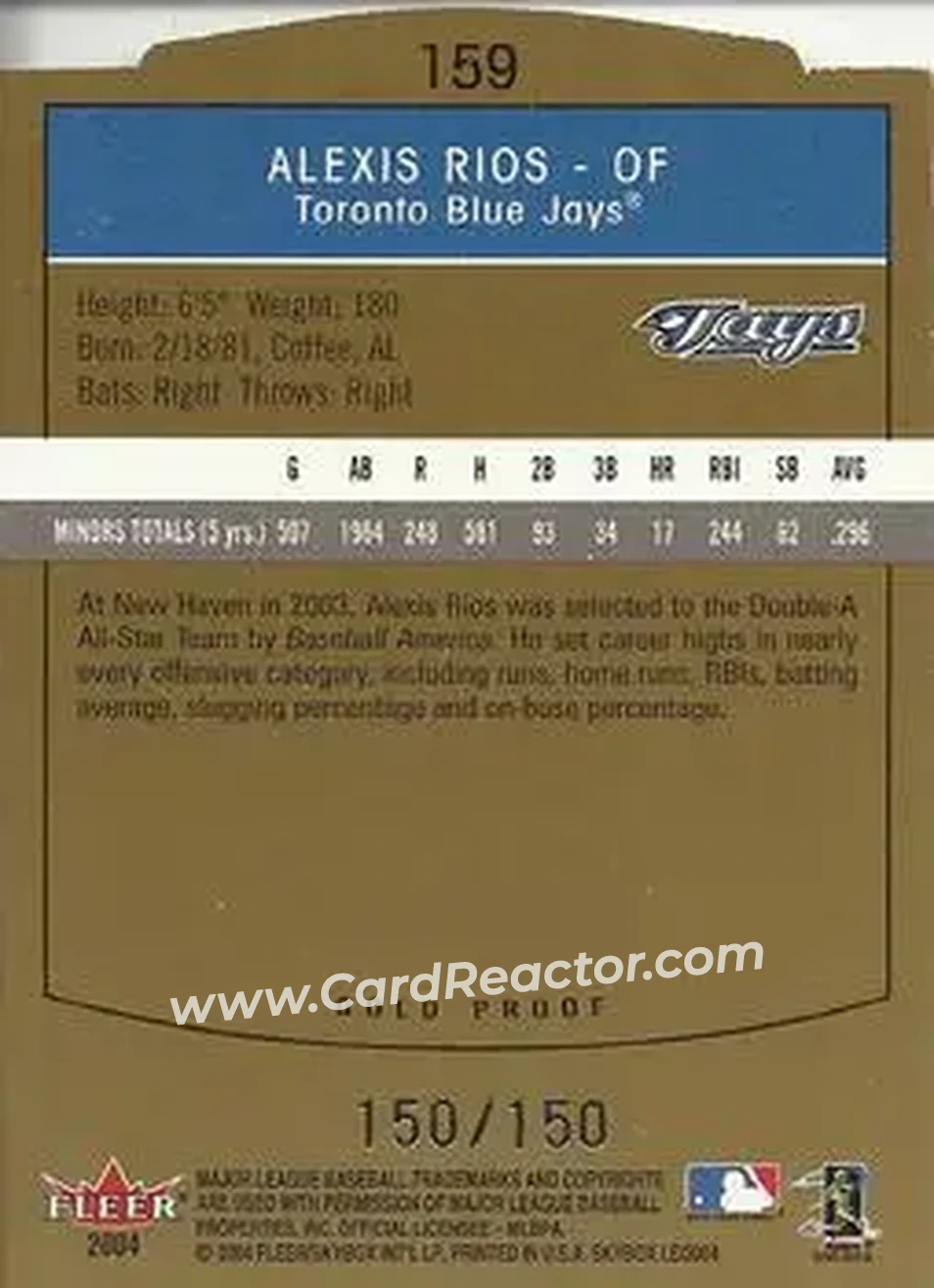 2004 SkyBox LE - Gold Proof #159 - Alex Rios - Toronto Blue Jays - Back