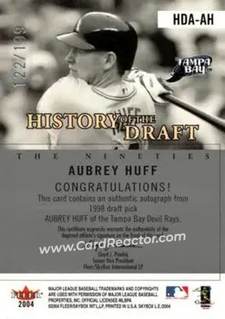 2004 SkyBox LE - History Draft 90's Autograph Black #HDA-AH - Aubrey Huff - Tampa Bay Devil Rays - Back