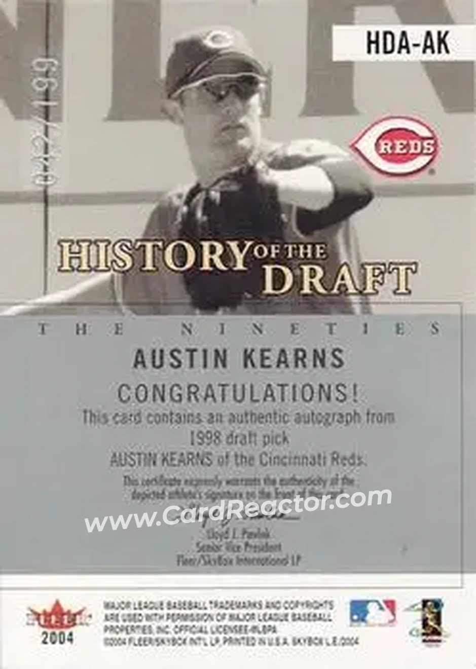 2004 SkyBox LE - History Draft 90's Autograph Black #HDA-AK - Austin Kearns - Cincinnati Reds - Back