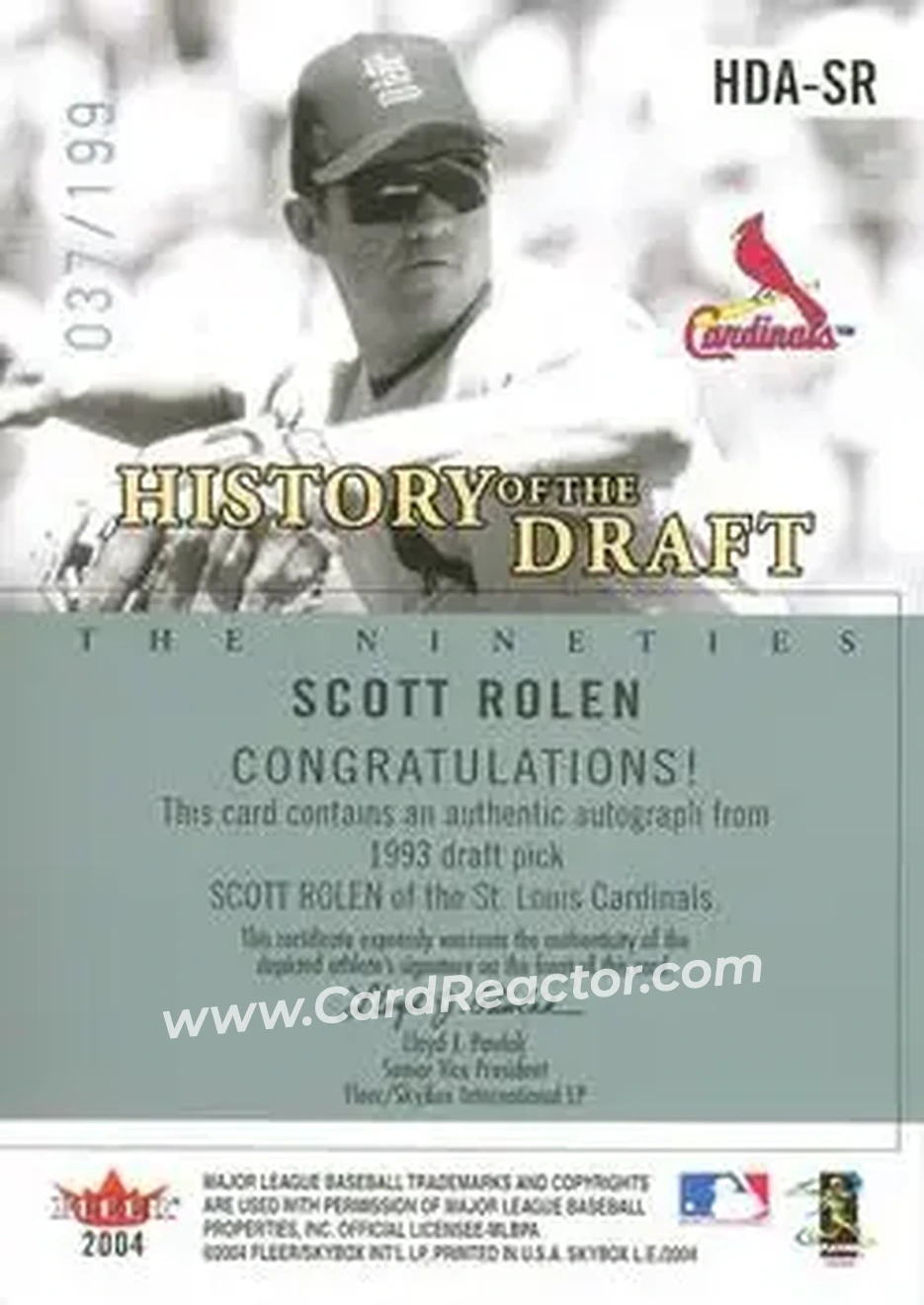 2004 SkyBox LE - History Draft 90's Autograph Black #HDA-SR - Scott Rolen - St. Louis Cardinals - Back
