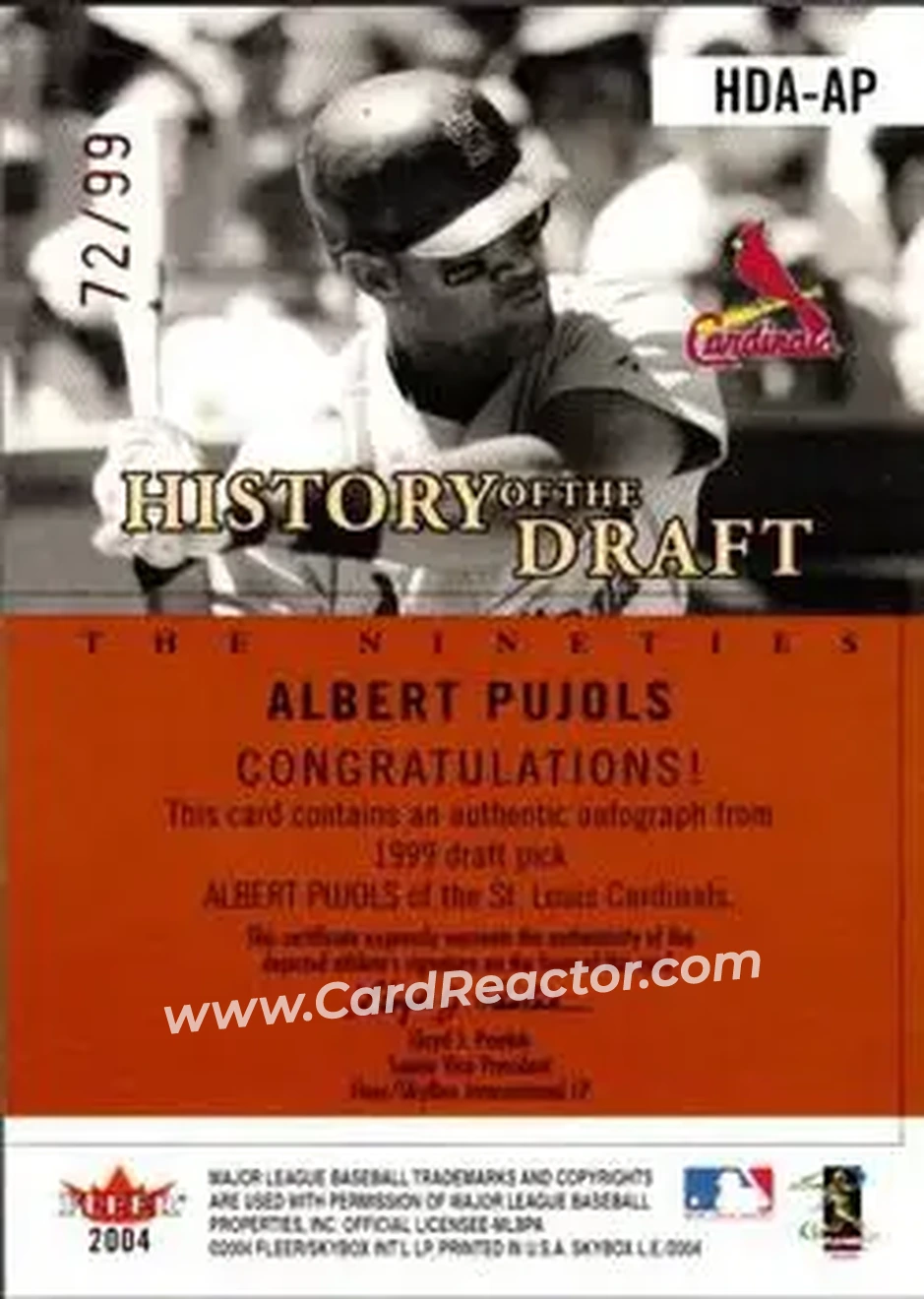 2004 SkyBox LE - History Draft 90's Autograph Copper #HDA-AP - Albert Pujols - St. Louis Cardinals - Back