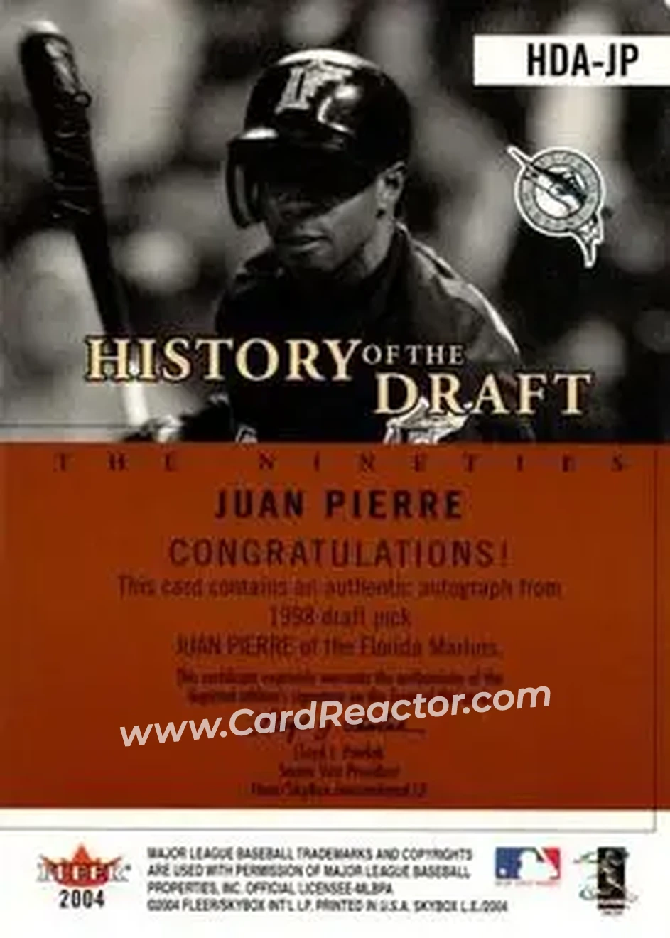 2004 SkyBox LE - History Draft 90's Autograph Copper #HDA-JP - Juan Pierre - Florida Marlins - Back