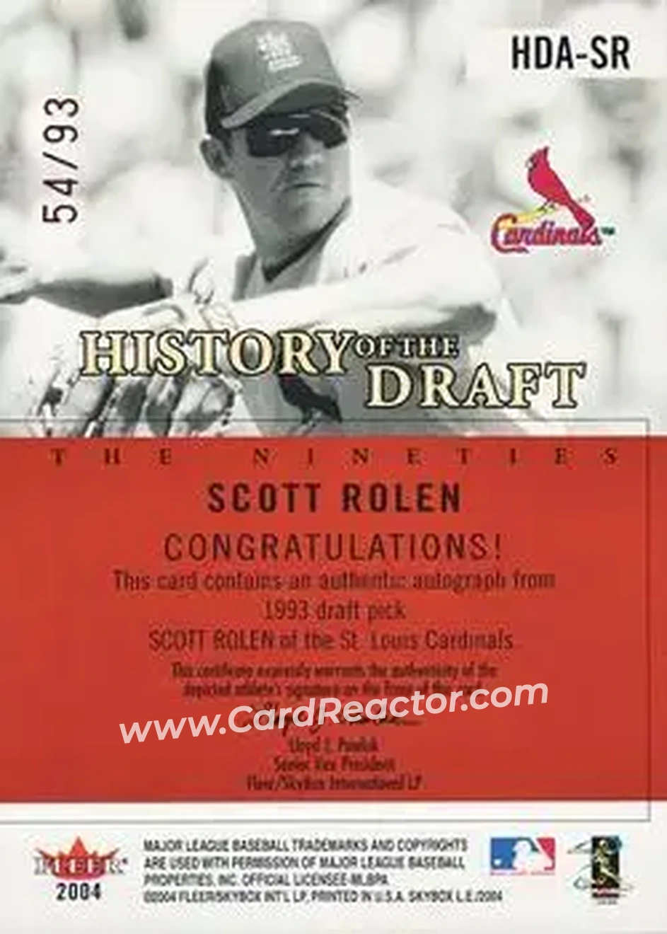 2004 SkyBox LE - History Draft 90's Autograph Copper #HDA-SR - Scott Rolen - St. Louis Cardinals - Back