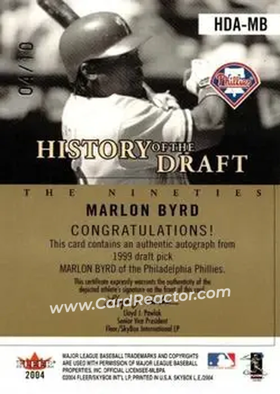 2004 SkyBox LE - History Draft 90's Autograph Gold #HDA-MB - Marlon Byrd - Philadelphia Phillies - Back