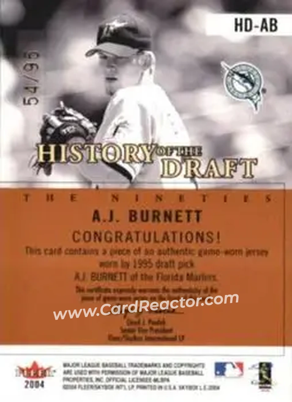 2004 SkyBox LE - History Draft 90's Jersey #HD-AB - A.J. Burnett - Florida Marlins - Back