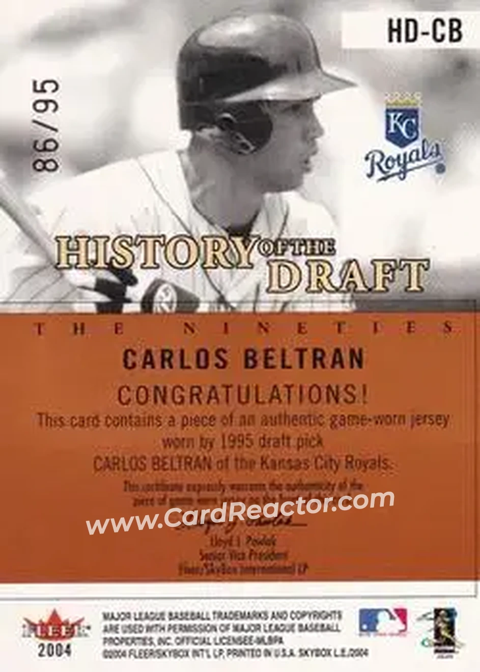 2004 SkyBox LE - History Draft 90's Jersey #HD-CB - Carlos Beltran - Kansas City Royals - Back