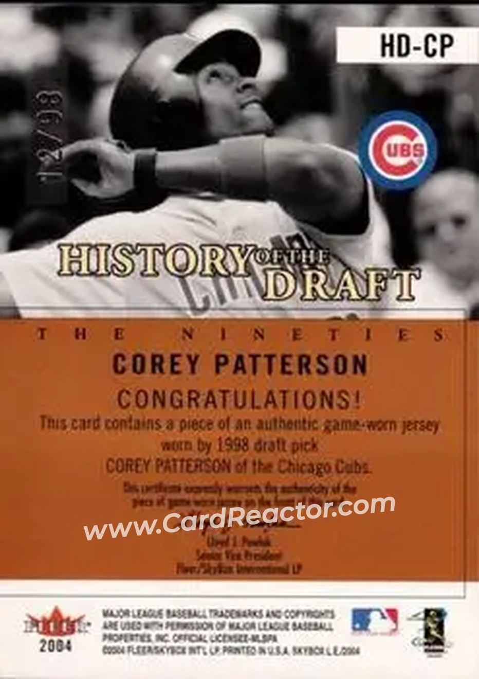 2004 SkyBox LE - History Draft 90's Jersey #HD-CP - Corey Patterson - Chicago Cubs - Back
