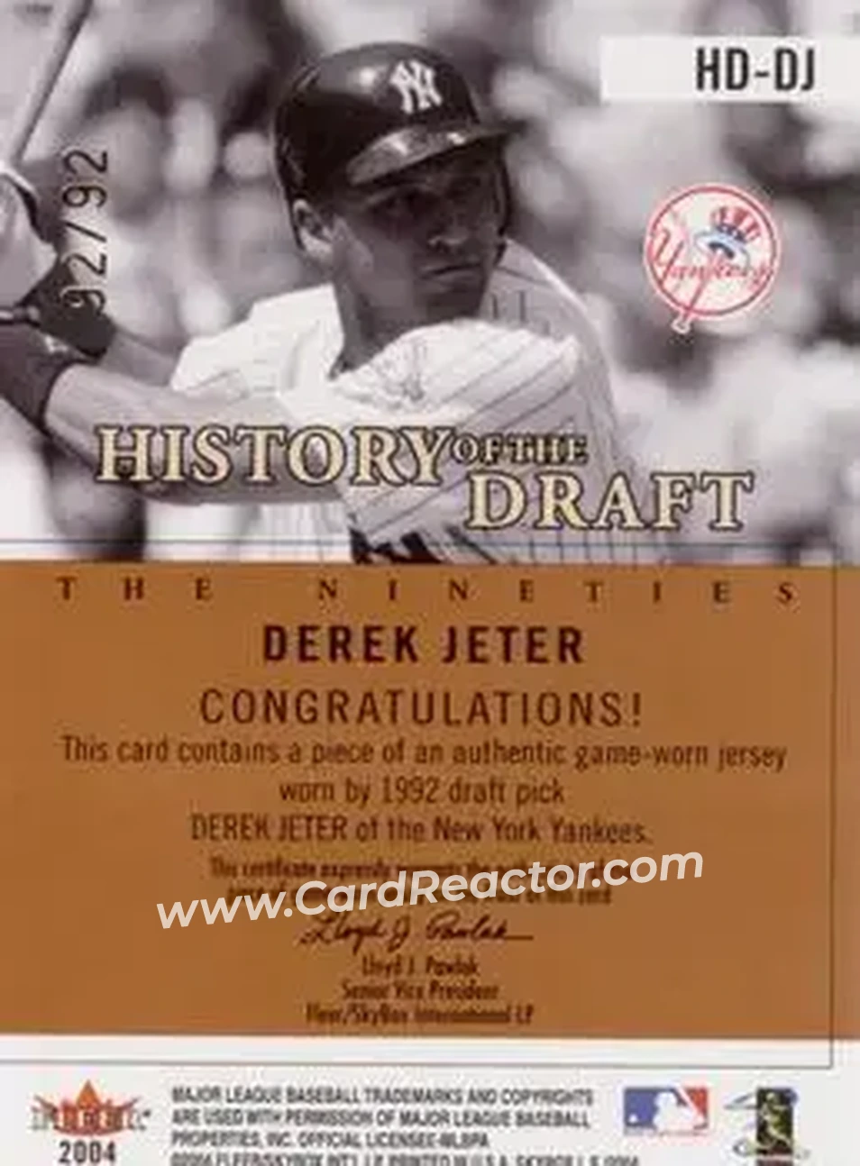 2004 SkyBox LE - History Draft 90's Jersey #HD-DJ - Derek Jeter - New York Yankees - Back