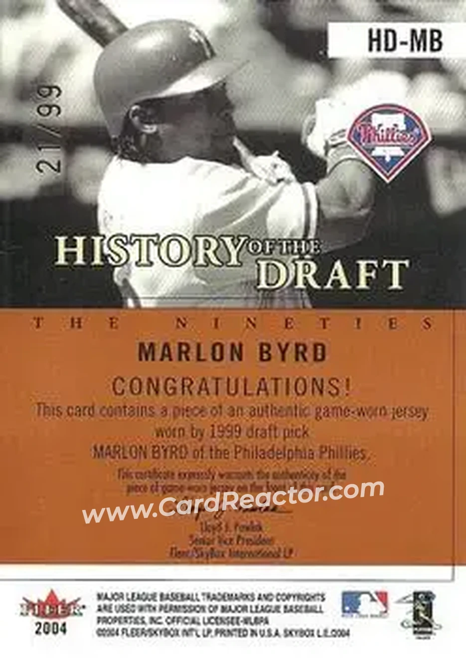 2004 SkyBox LE - History Draft 90's Jersey #HD-MB - Marlon Byrd - Philadelphia Phillies - Back