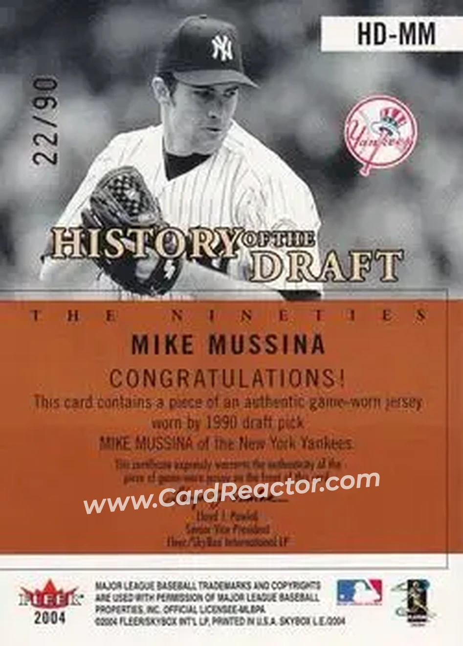 2004 SkyBox LE - History Draft 90's Jersey #HD-MM - Mike Mussina - New York Yankees - Back