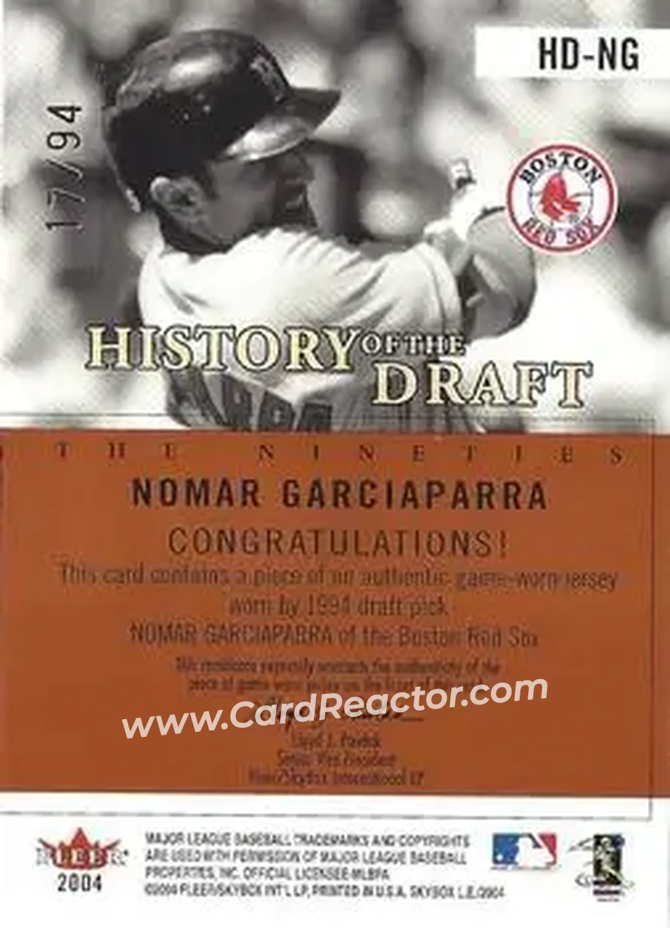 2004 SkyBox LE - History Draft 90's Jersey #HD-NG - Nomar Garciaparra - Boston Red Sox - Back